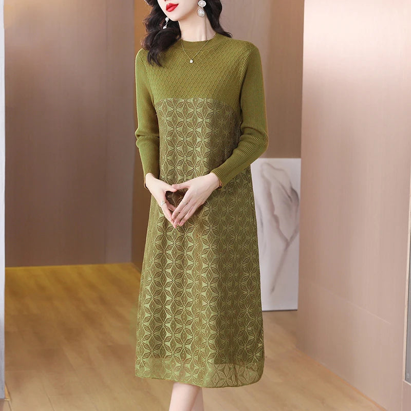 Knitted Woolen Patchwork Sweater Dress