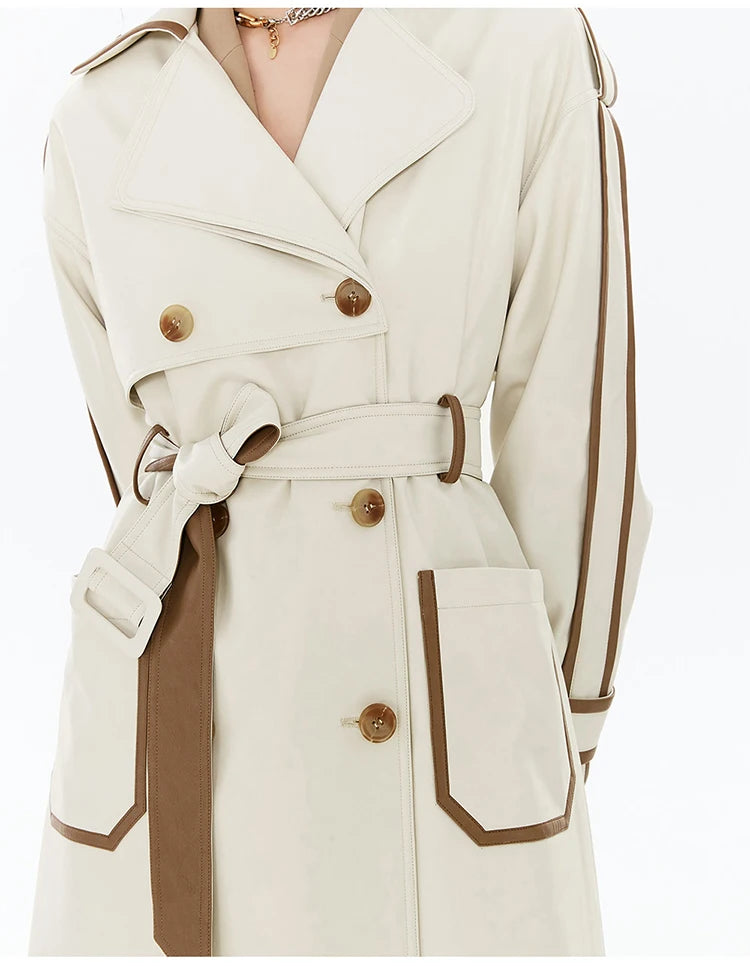 Contrast PU Leather Trench Coat