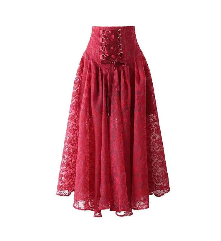 Spliced Lace-Up  Embroidered High Waist Skirt