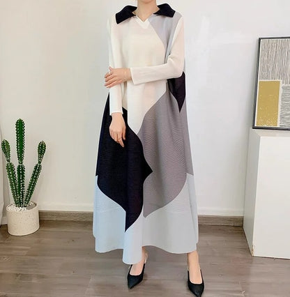 Miyake Pleated Color Block Lapel Collar Midi Dress