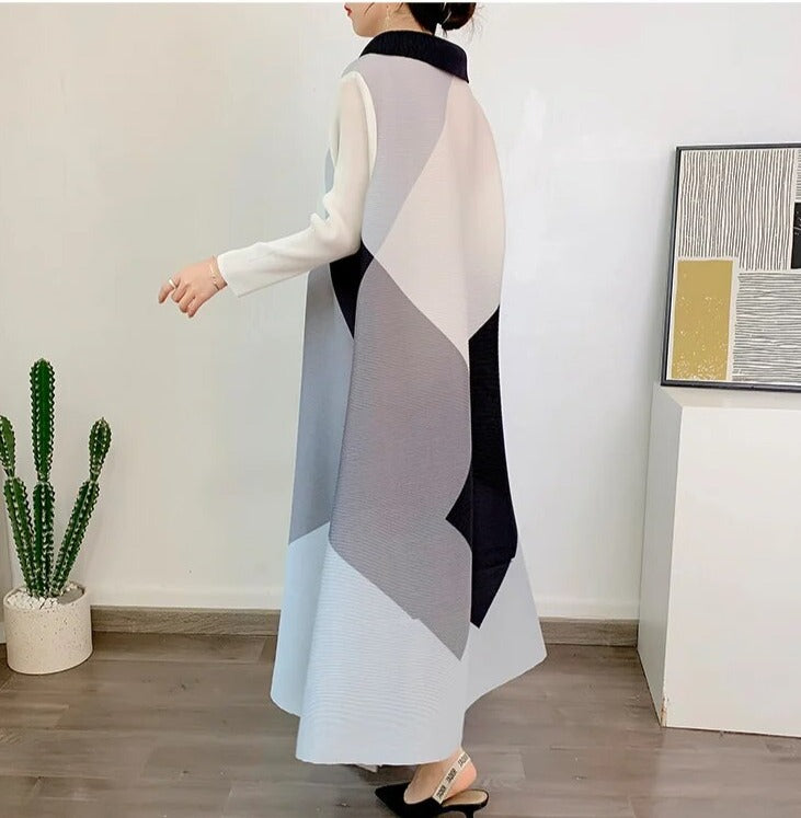 Miyake Pleated Color Block Lapel Collar Midi Dress