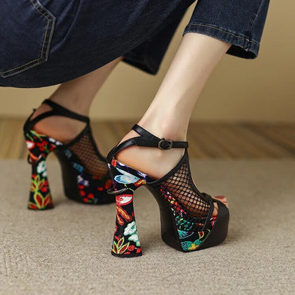 Floral Peep Toe Hollow Out Platform Sandals