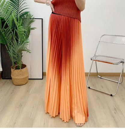 Miyake Pleated Gradient Top and Wide Leg Pants Set