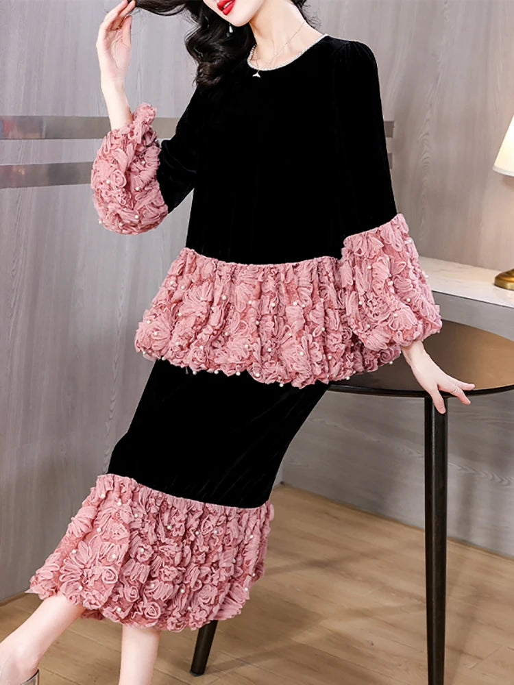Ruffled Patchwork Mesh Top and Skirt Set