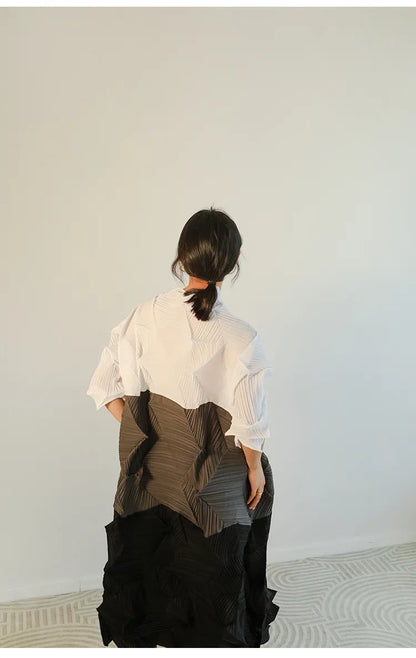 Miyake Pleated Color Block Fold Midi Dress