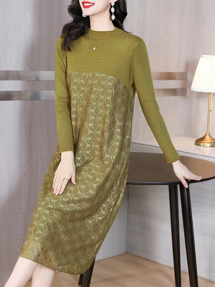 Knitted Woolen Patchwork Sweater Dress