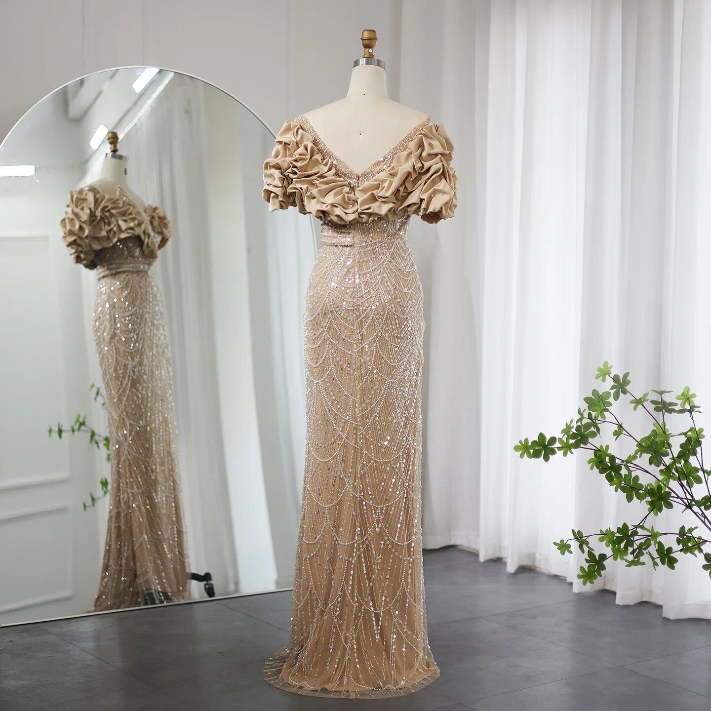 Luxury Multi Beaded Ruffled Off-Shoulder Dress