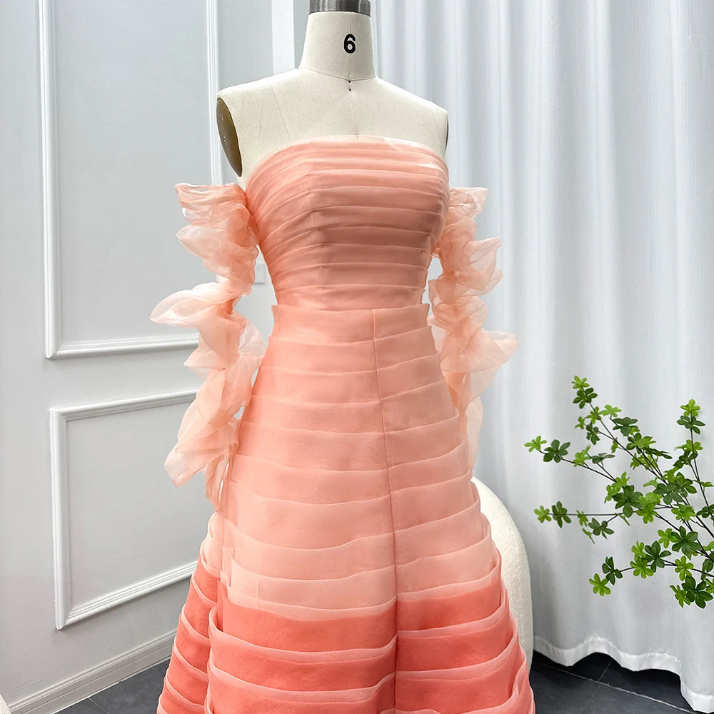 Gradient Pink Pleated Off-Shoulder Floor-Length Dress