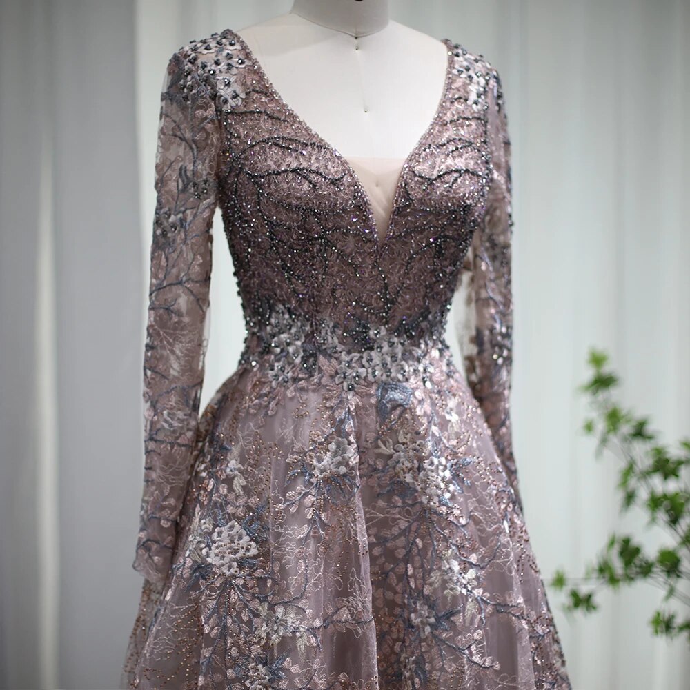 Luxury Embroidered Sequined Long Sleeves Lace Dress