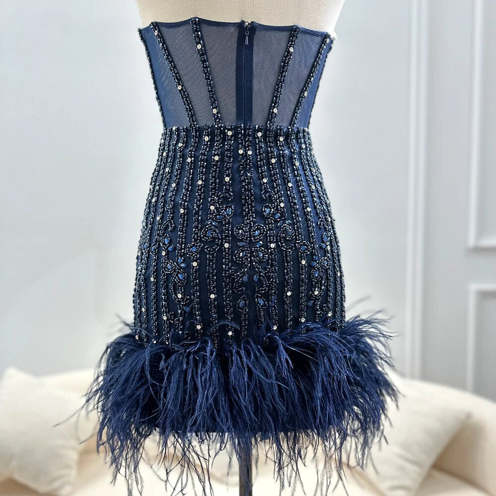 Luxury Feather Trim  Halter Neck Mini Dress