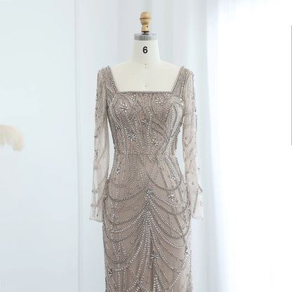 Beaded Square Neck Long Sleeve Mermaid Dress