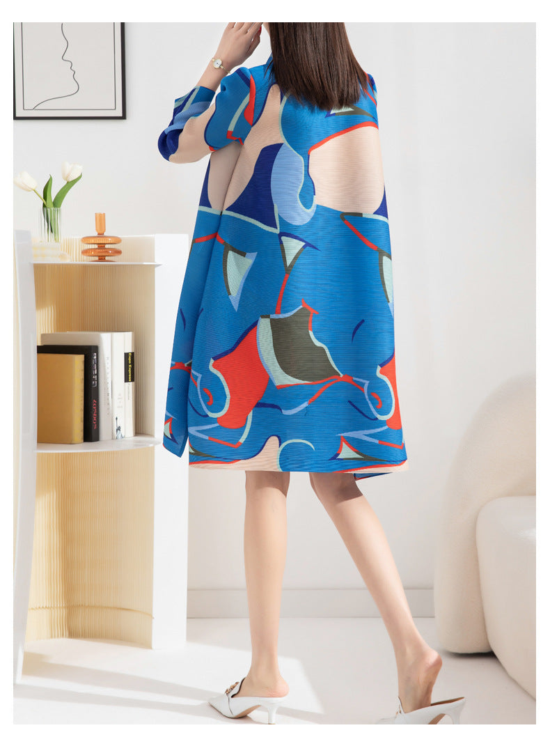 Miyake Pleated Printed Turn-down Collar Mini Dress