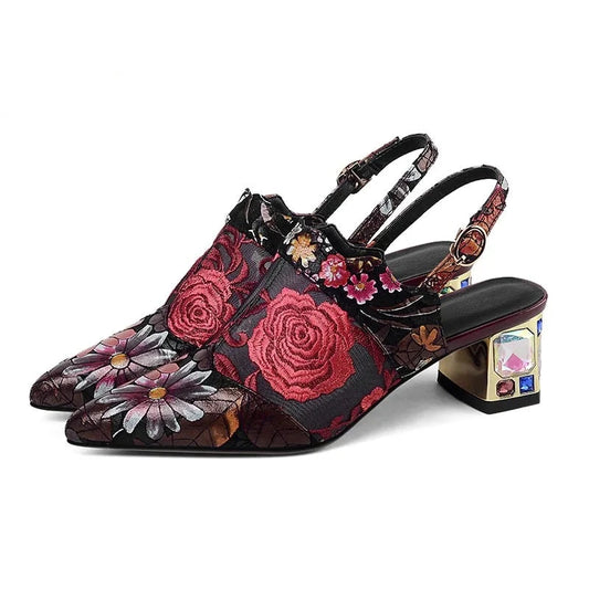 Flower Embroidery Mesh Patchwork Crystal Heel Shoes