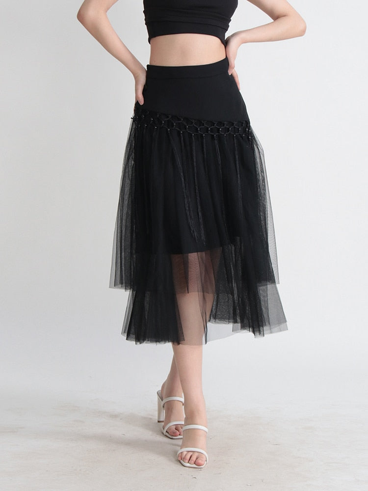 Patchwork Tassels Mesh A-Line Skirt