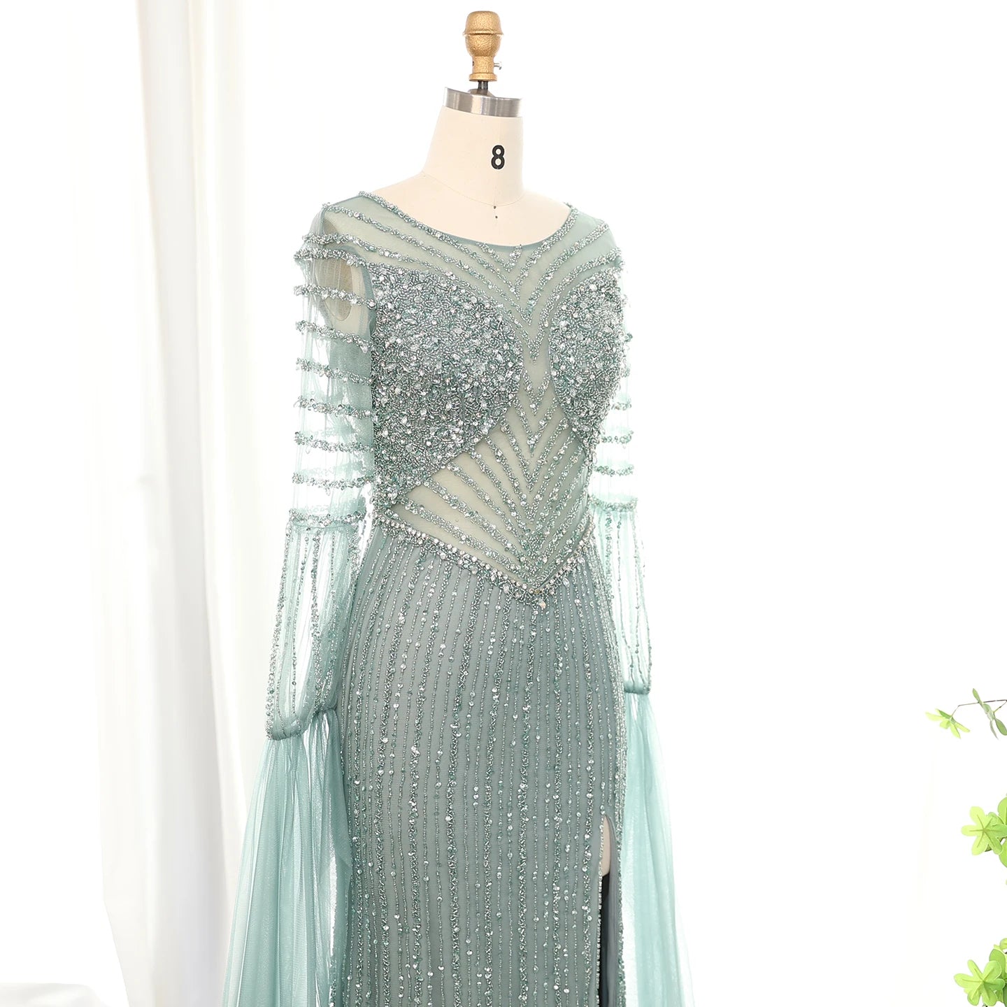 Crystal Beaded Cape Sleeve Evening Dress