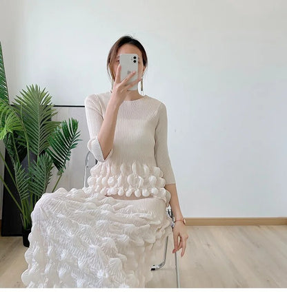 Miyake Pleated Bubble Top and Midi Skirt Set