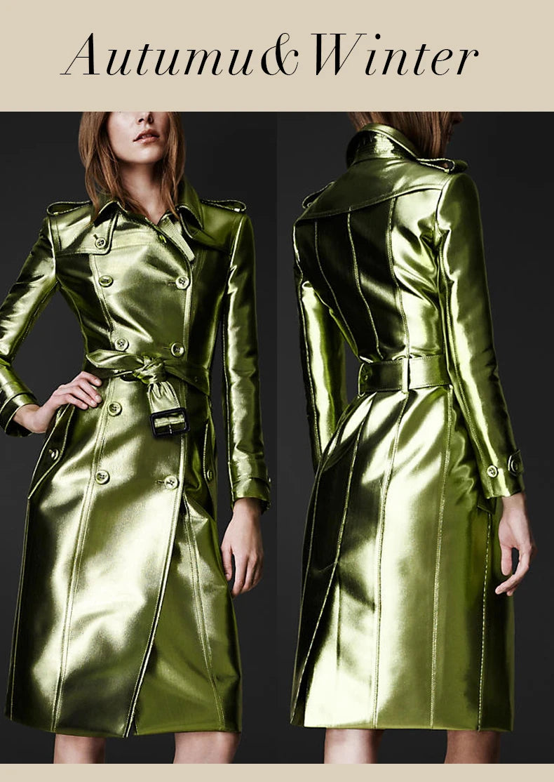 Metallic green trench coat displayed on a model with 'Autumn & Winter' text above.