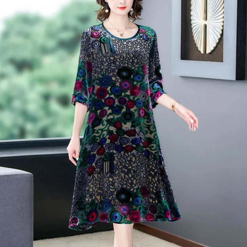 Floral Flocking Velvet Midi Dress