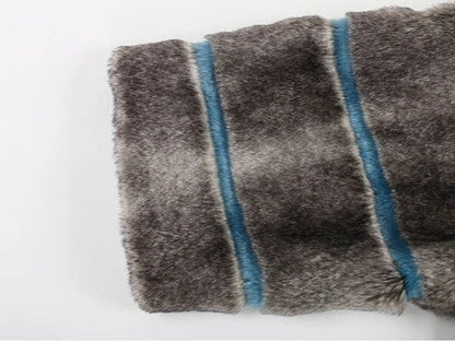 Striped Patchwork Faux Fur Lapel Collar Coat