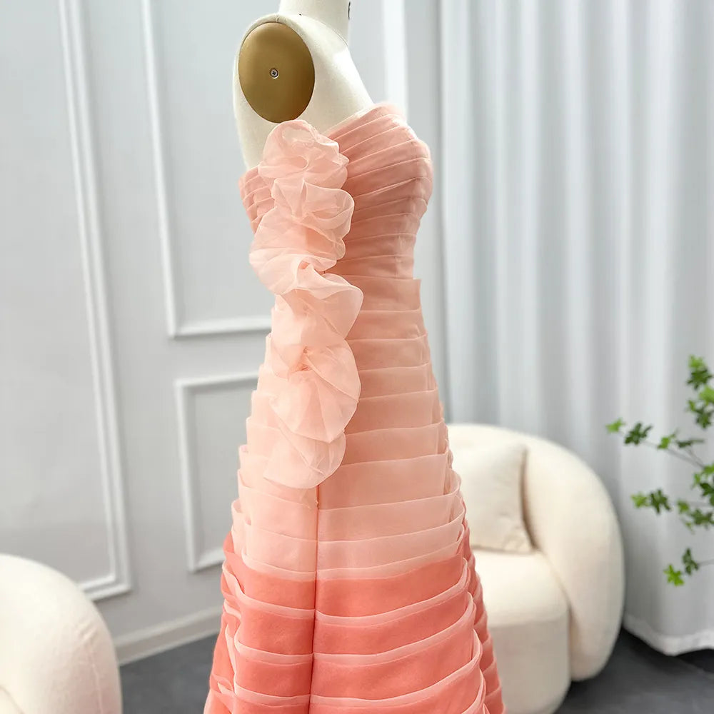 Gradient Pink Pleated Off-Shoulder Floor-Length Dress
