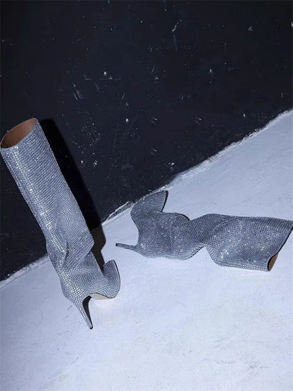 Rhinestone Pointed Toe Knee-High Boots