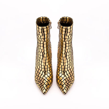 Shiny Checkered Pointed Toe High Heels Ankle-Boots