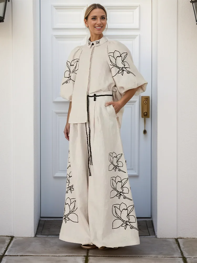 Printed Half Sleeve Shirt and Wide Leg Pants Set