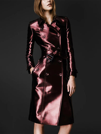 Shiny Double-Breasted Trench Coat