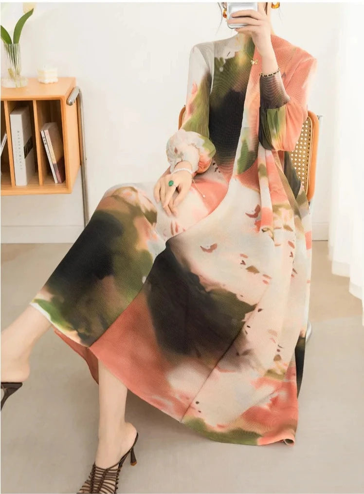 Miyake Pleated Printed Lantern Sleeve Midi Dress