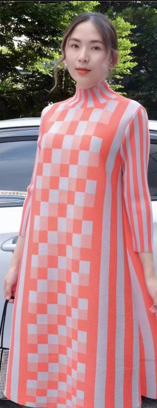 Miyake Pleated Plaid O-Neck Midi Dress