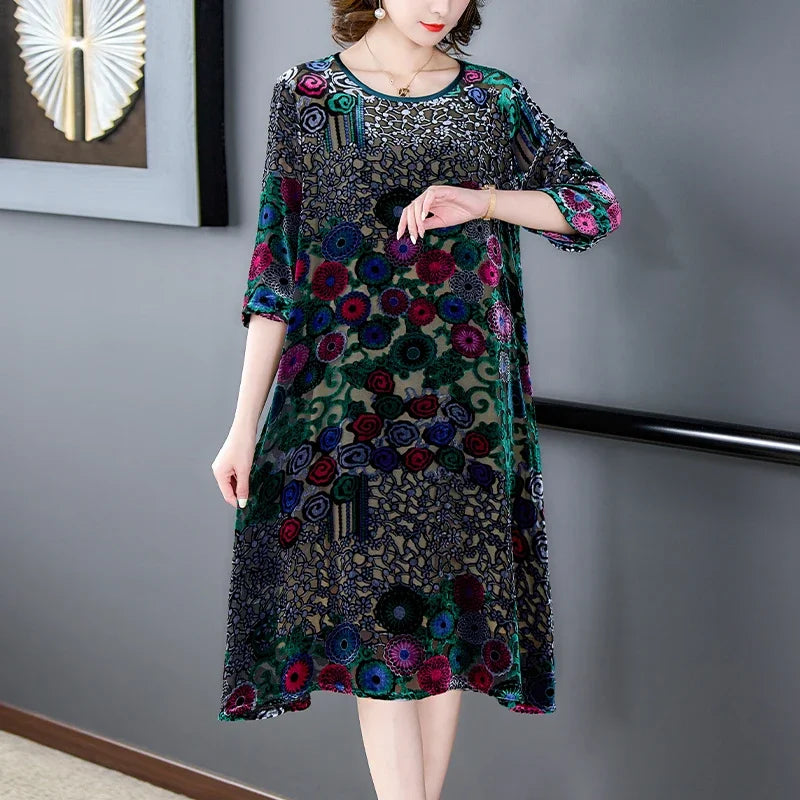 Floral Flocking Velvet Midi Dress