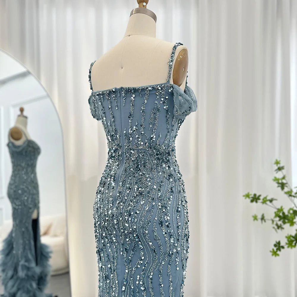Luxury Feathers Sequined Slit Mermaid Dress
