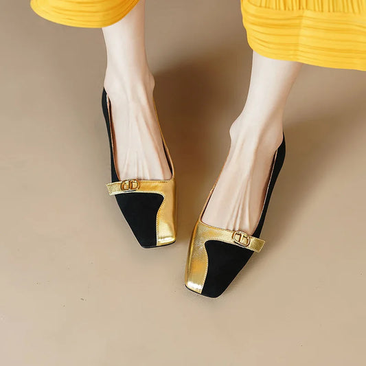 Patchwork Low Square Heel Shoes
