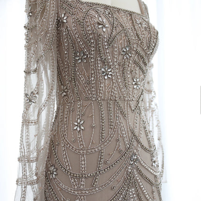 Beaded Square Neck Long Sleeve Mermaid Dress