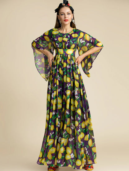 Bohemian Lemon Print Backless Maxi Dress