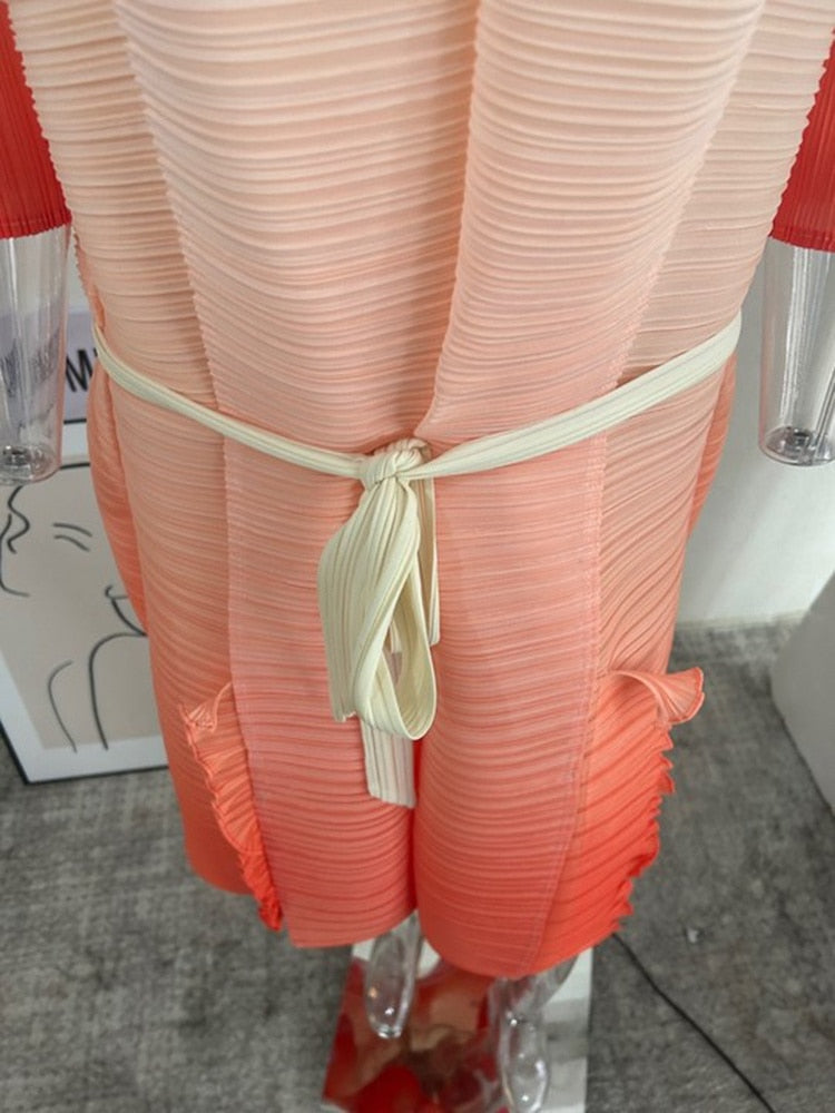 Miyake Pleated Gradient V-Neck Belt Midi Dress