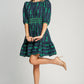 Ribbon Print Frill Contrast Velvet Trim Half Sleeve Dress