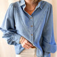 Collared Neck Lantern Sleeve Denim Top