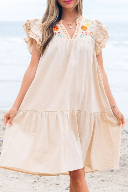 Floral Embroidery Pom Pom Ruffle Sleeves Mini Dress