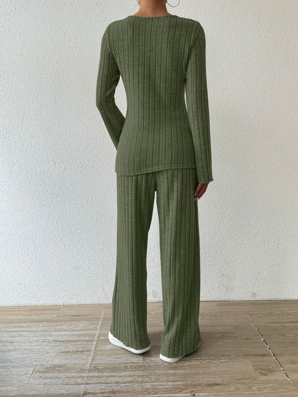 Ribbed V-Neck Long Sleeve Top and Pocketed Pants Set