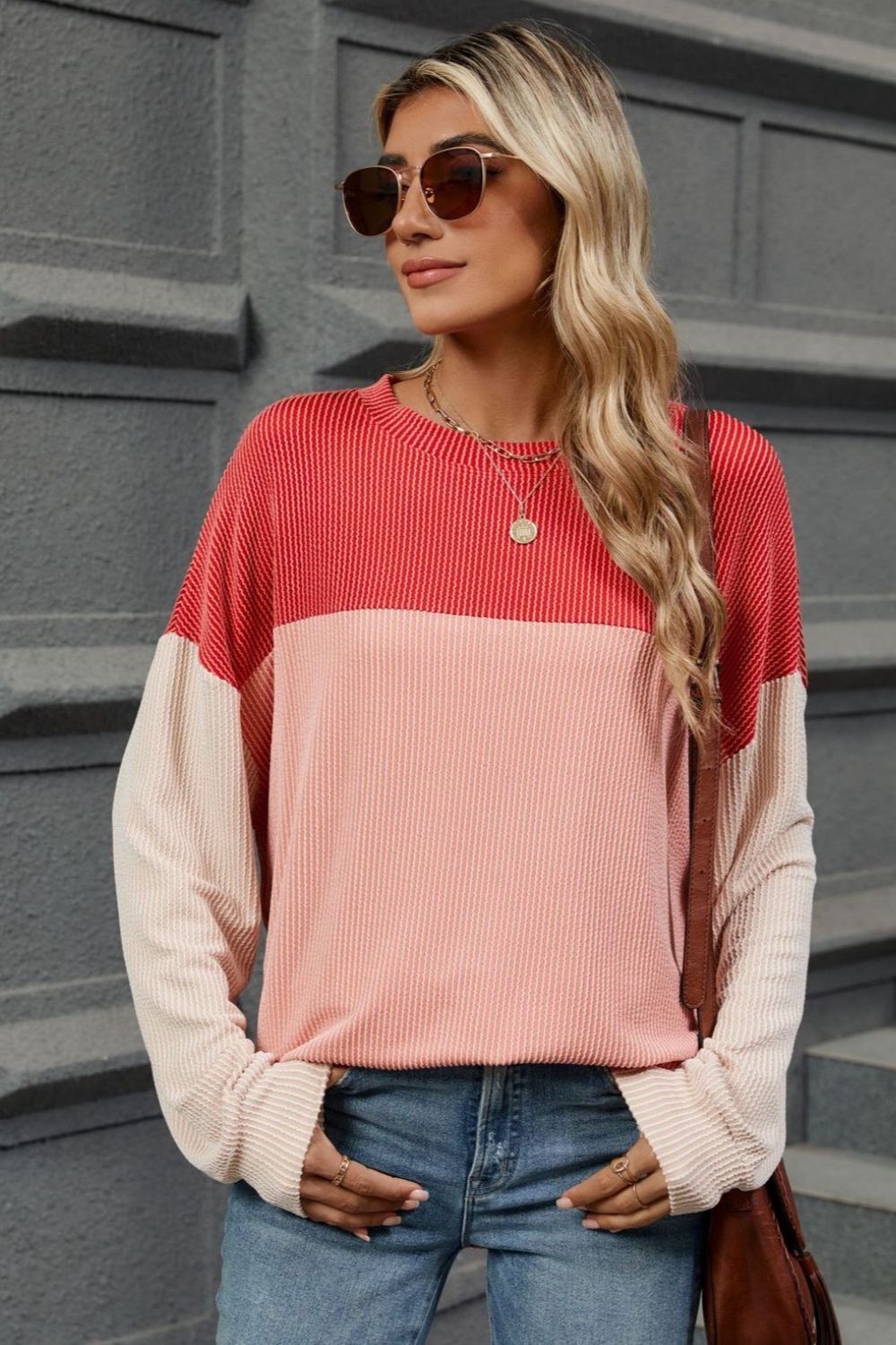 Contrast Round Neck Long Sleeve T-Shirt