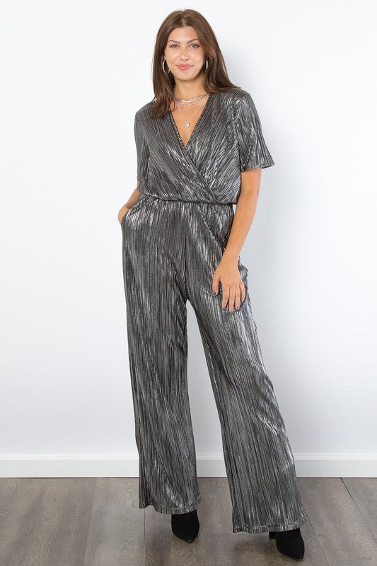 Surplice Short Sleeve Pleated Foil Jumpsuit