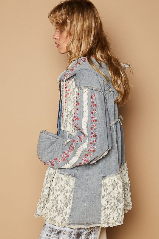 Embroidered Lace Patch Zip Up Hooded Jacket