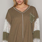 V-Neck Lace Balloon Sleeve Exposed Seam Top