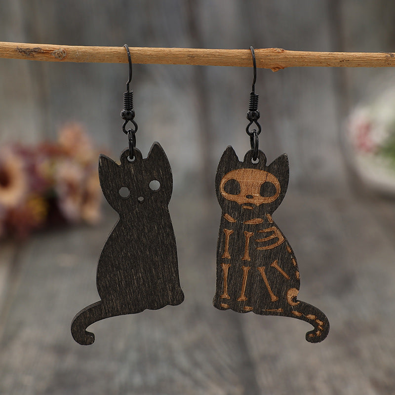 Alloy Hook Wooden Cat Earrings