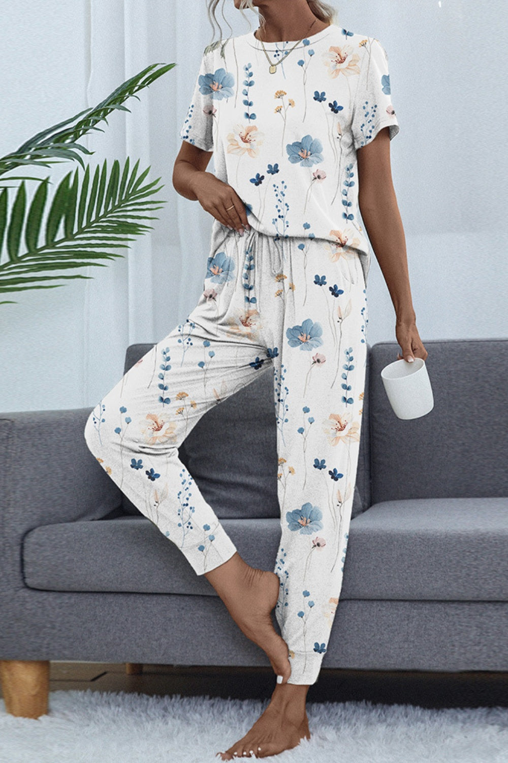 Printed Round Neck Top and Pants Set