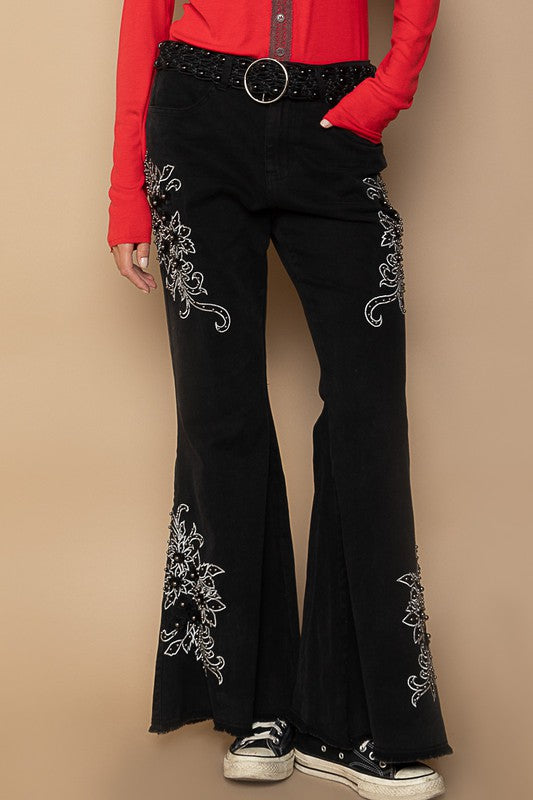 Raw Hem Embroidered Flare Pants