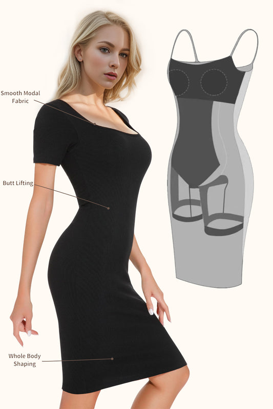 Built-In Shapewear Square Neck Short Sleeve Dress