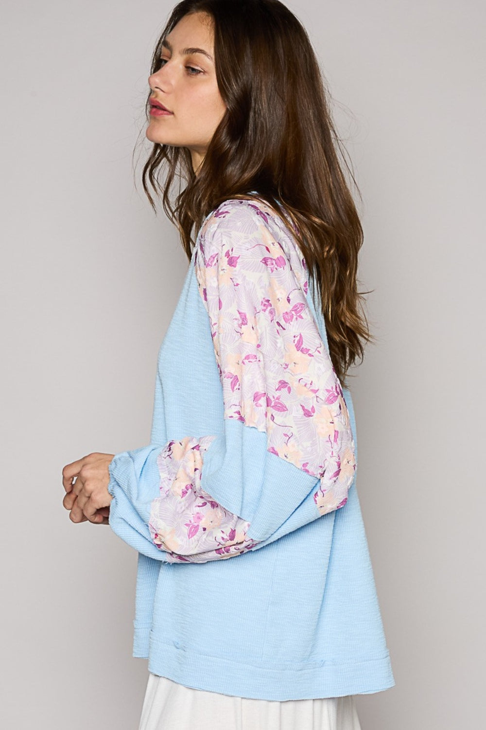 Round Neck Balloon Floral Long Sleeve Top