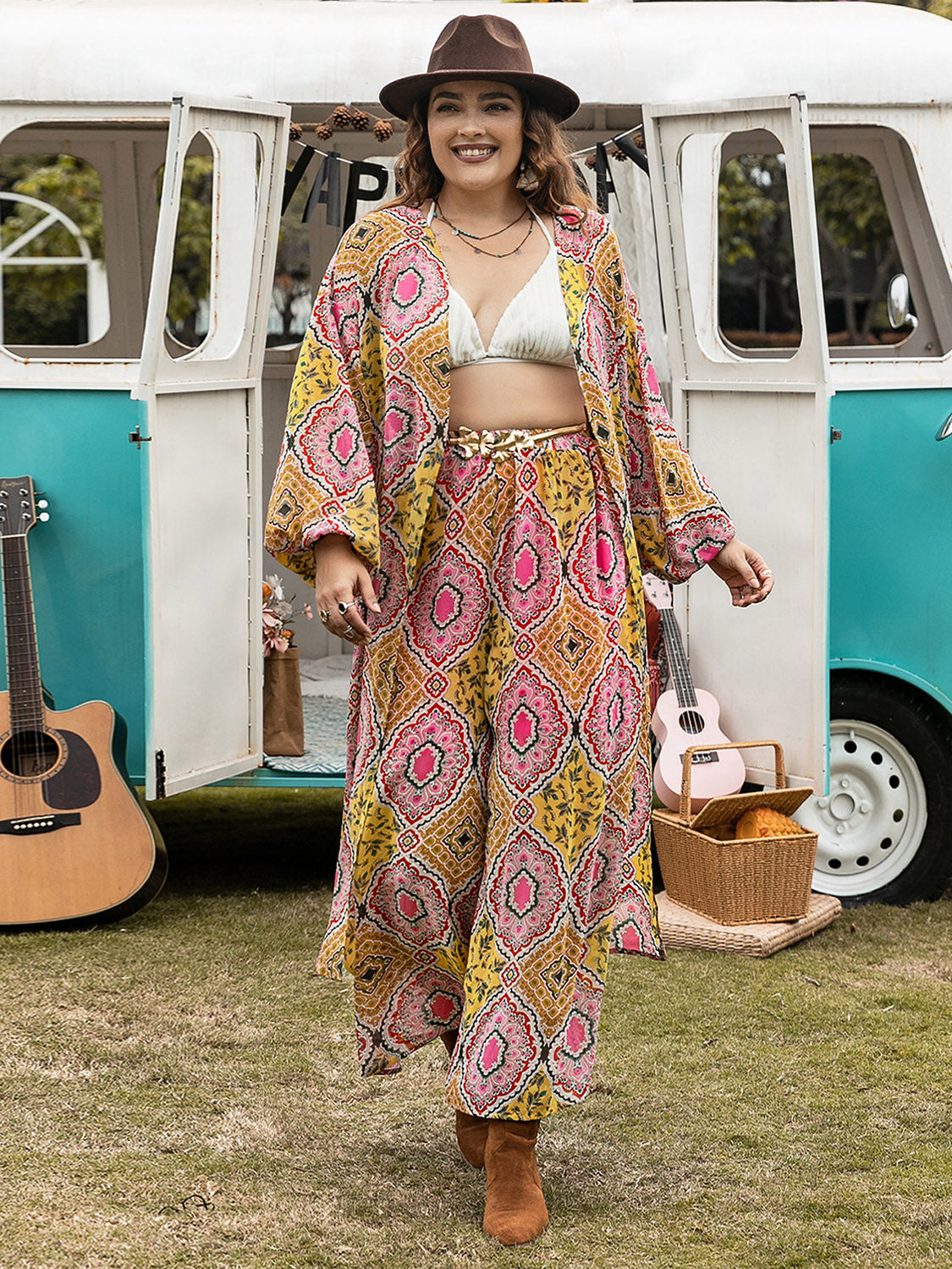 Plus Size Printed Open Front Cover Up and Pants Set